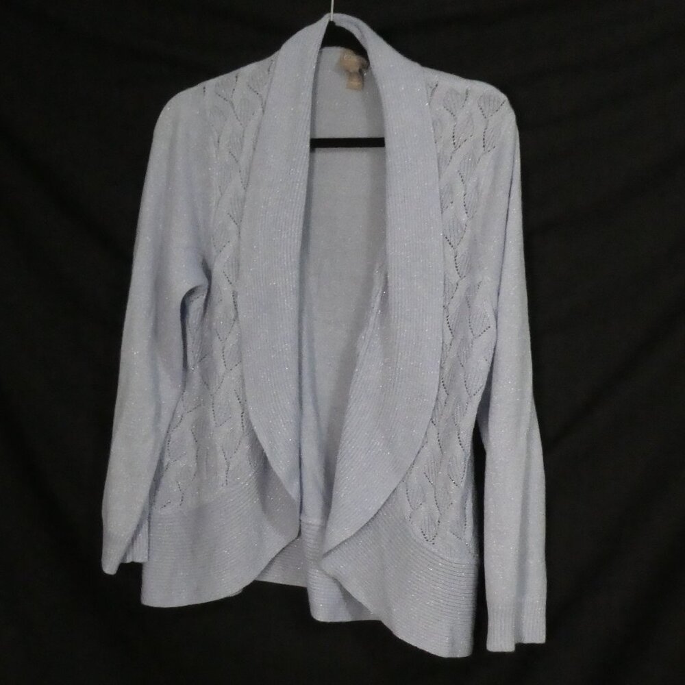 CHICO'S size 2 Shimmering Light Blue Open Front Cardigan